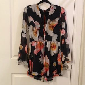 Tie front black floral long-sleeve romper, size M
